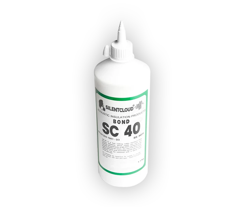 White squeeze bottle of SilentCloud SC 40 acoustic adhesive used for bonding acoustic materials and fixings
