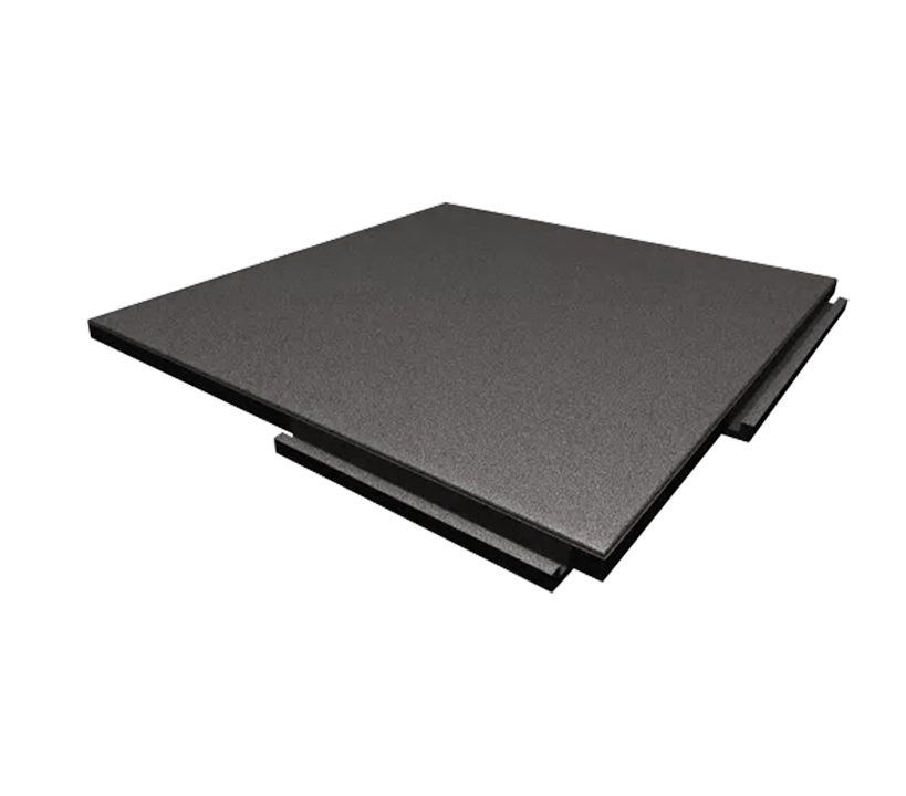 Matte black interlocking acoustic tile, featuring dense-foam texture and small tongues for easy connection, ideal for noise reduction and soundproofing in home studios or workshops.
