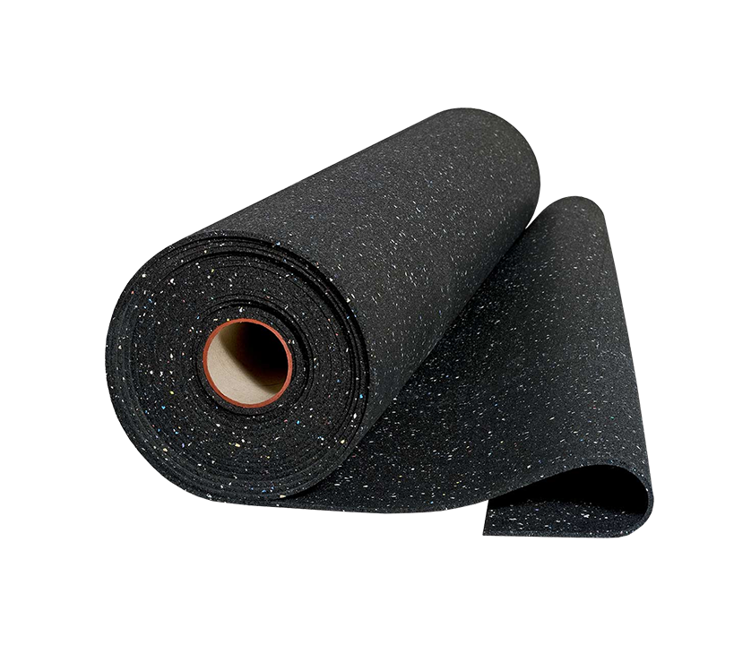 Large roll of black speckled rubber sheet, ideal for gym or industrial flooring underlayment, offering soundproofing, acoustic insulation, and vibration damping for noise reduction.