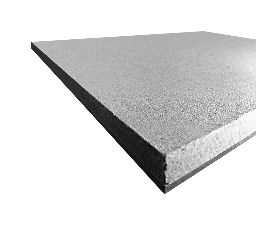 Close-up of a gray, fiber-cement board featuring a rough, sand-like texture and layered cross-section, ideal for soundproofing and acoustic insulation, enhancing noise reduction and vibration damping.