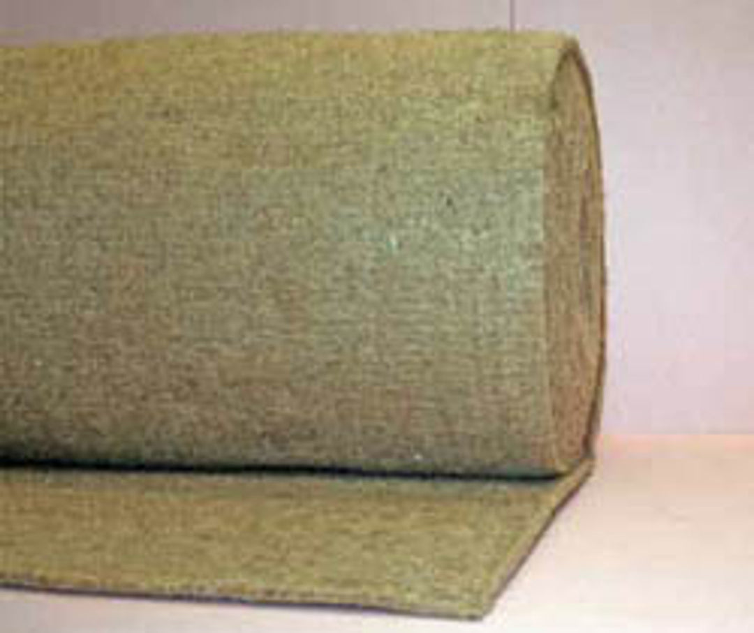 Bolt of coarse, olive-green woven fabric unrolled on a flat surface, ideal for soundproofing and acoustic applications, offering noise reduction and sound insulation. Perfect for vibration damping.