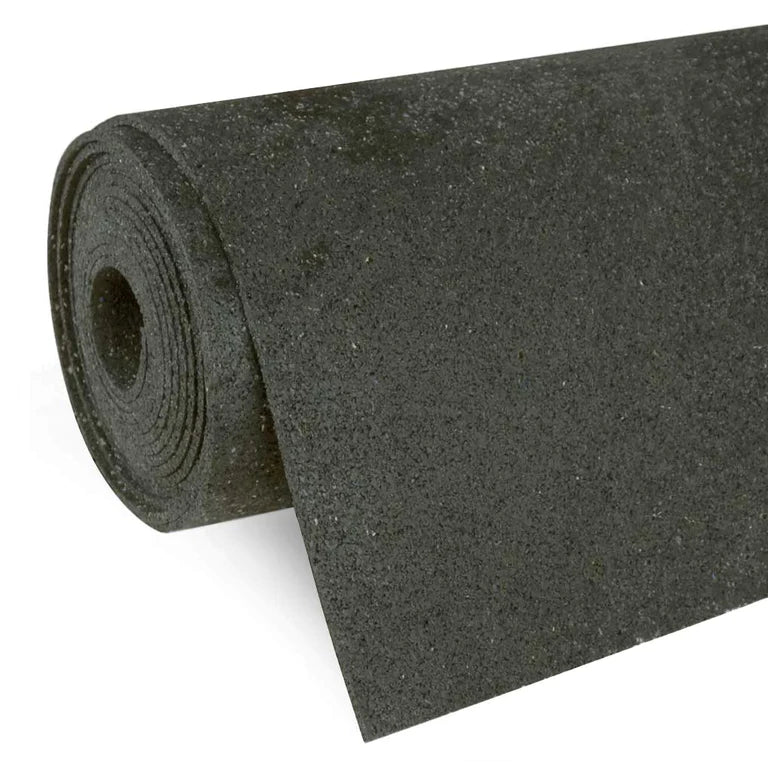 A roll of dense, textured black rubber matting, ideal for soundproofing and acoustic insulation, featuring noise reduction and vibration damping qualities for gyms or workshops.