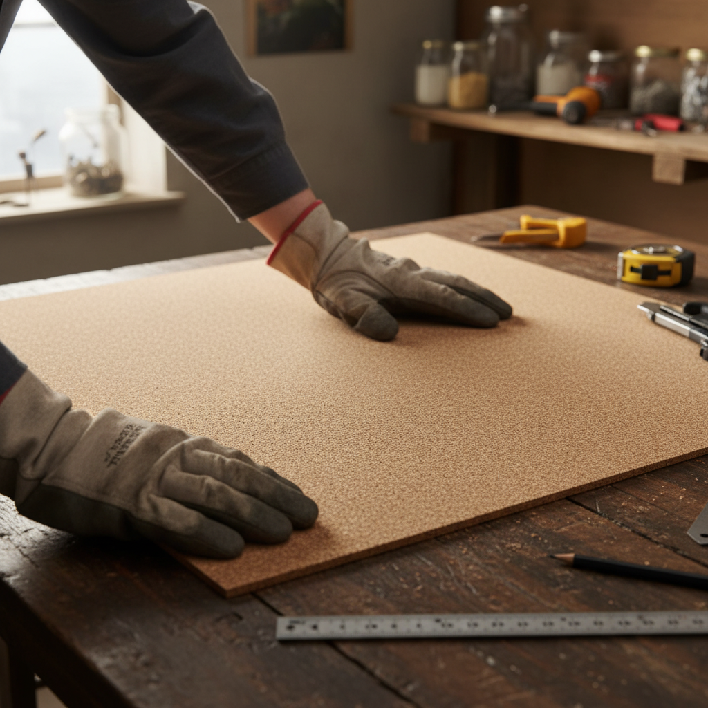 Person wearing work gloves positions a Premium High Density Non Adhesive Cork Sheet - 915mm x 610mm - 4mm Thick - Pack of 5, ideal for soundproofing and acoustic applications, on a workshop bench.