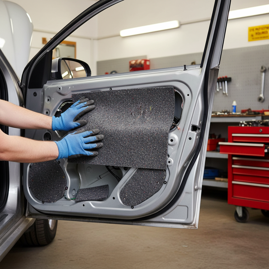 Technician installs Premium Self-Adhesive Acoustic Felt 8mm Thick - 8.0 sq.m Coverage for Car Interiors and Noise Absorption on a car door shell, enhancing soundproofing and noise reduction.