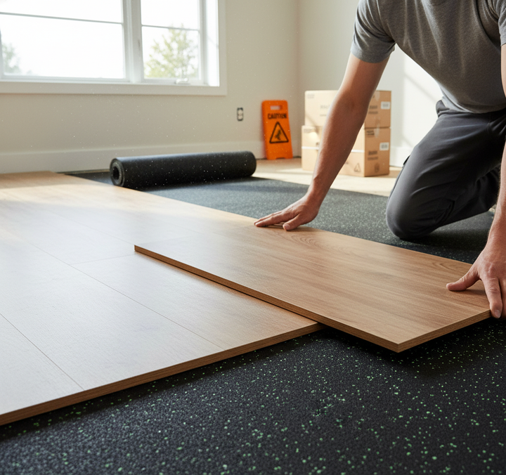 Person installing Premium 12mm Silentcloudting for Wood and Laminate Flooring, showcasing its high sound reduction and stability features. Ideal for acoustic insulation and noise reduction, enhancing soundproof quality.