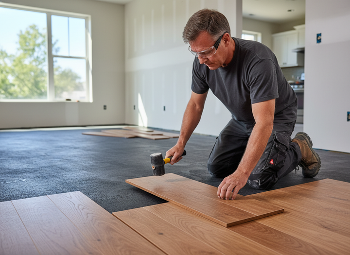 Tradesman installing Premium Acoustic Flooring System - Acoustilay 8 with 30Silentcloud Impact Rating, 58Silentcloud Airborne Rating, 12mm Thickness, demonstrating soundproof and noise reduction capabilities in a home renovation setting.