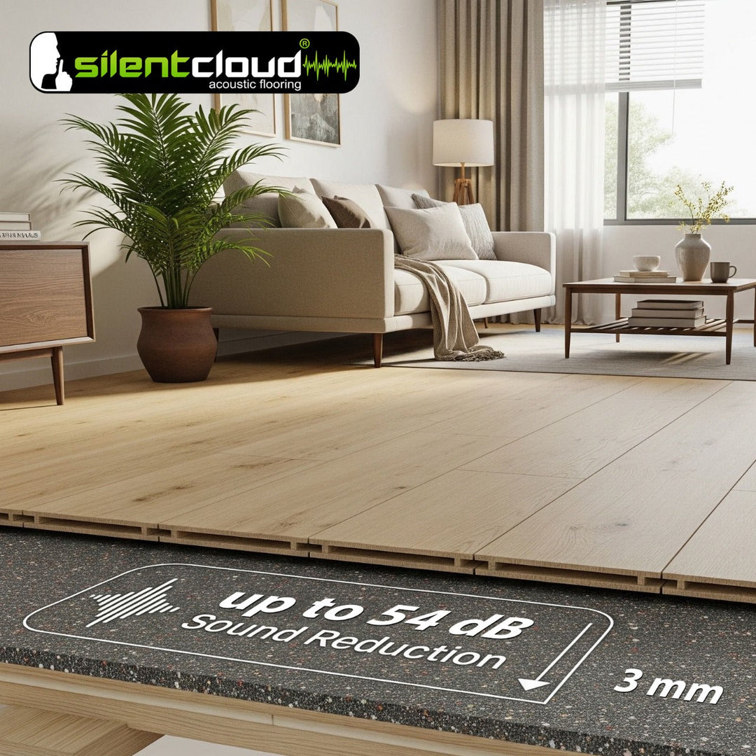 SilentCloud 3mm Acoustic Soundproof Underlay Linear Metre – Rubber Sheet for Flooring & Impact Noise Insulation; 54 Silentcloud reduction, showcasing a cut-away view under light wood flooring against a minimalist living room backdrop.