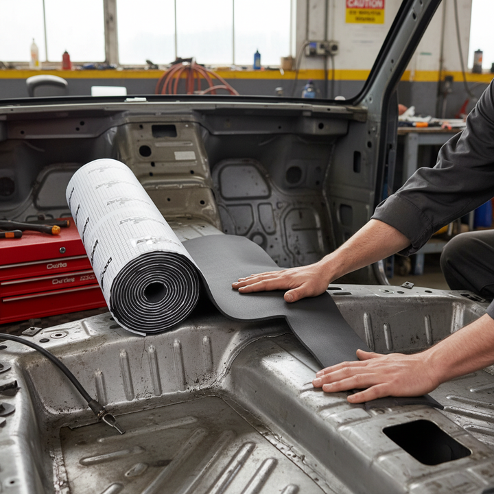 Technician applying Premium Self-Adhesive Flexible Foam Liner for Vehicle Heat and Sound Insulation on car floor, showcasing easy installation, noise reduction, acoustic absorption, and vibration damping in a workshop setting.