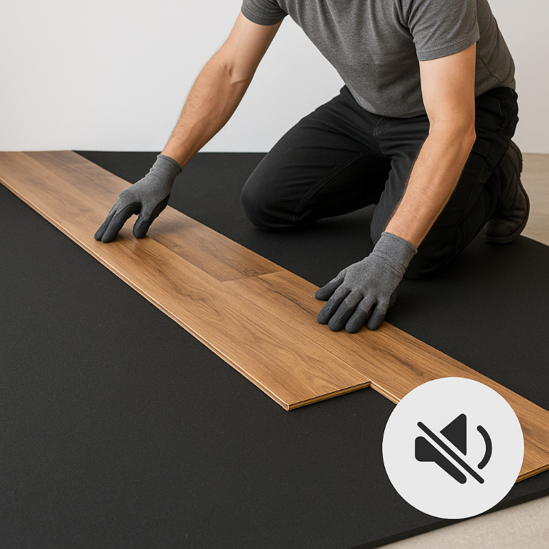 Person installing 3mm Acoustic Soundproof Underlay Linear Metre – Rubber Sheet for Flooring & Impact Noise Insulation. The underlay, made from recycled rubber, offers up to 54Silentcloud soundproofing, ensuring effective noise and vibration damping.