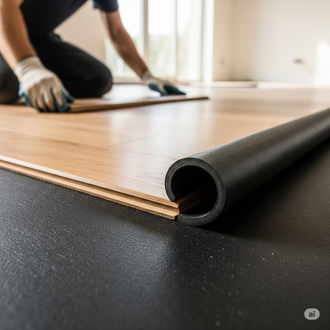 Installer fitting wood-look flooring over Acoustic Rubber Underlay 10mm, achieving up to 74dB impact noise reduction. Gloved hands align planks, showcasing soundproof, acoustic insulation ideal for noise reduction and Part E compliance.