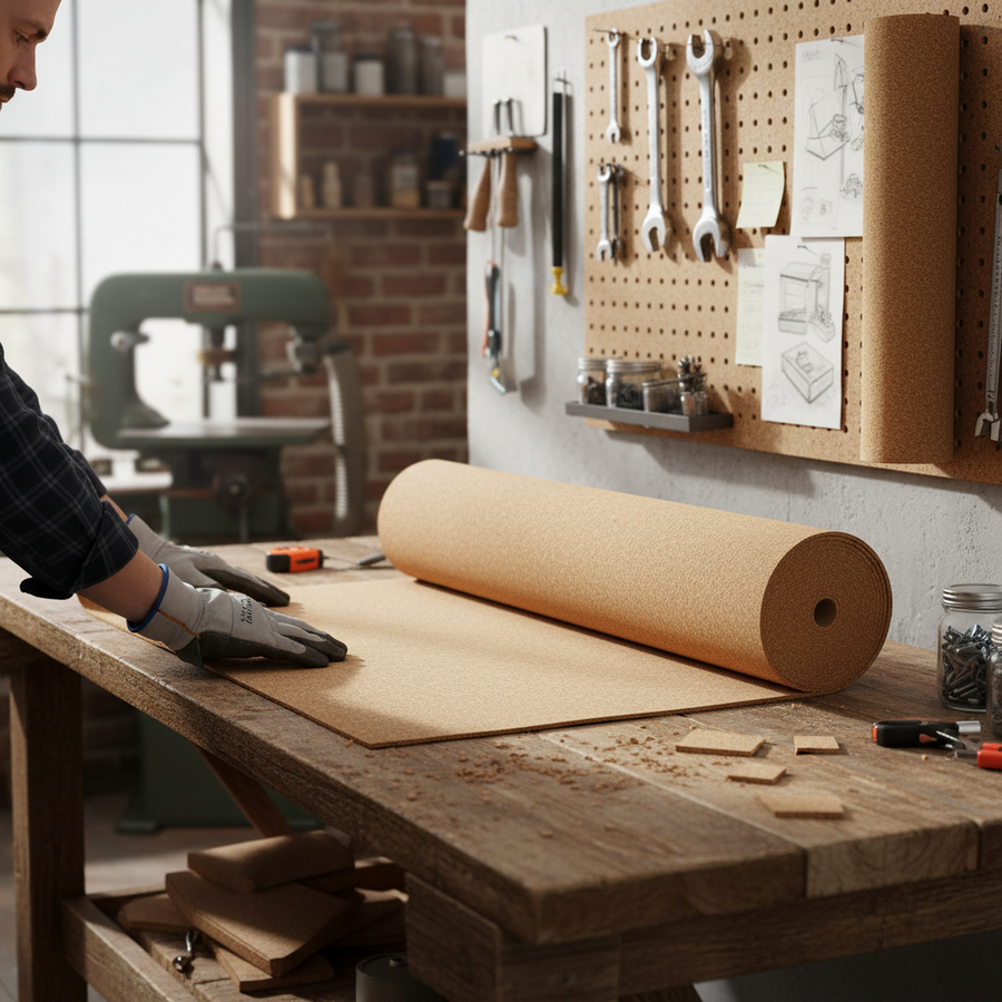 Premium Fine Grain Large Cork Roll 3m x 1m - 4mm Thick for Interior Walls being unrolled on a workshop table, suitable for soundproofing, acoustic insulation, noise reduction, and vibration damping.