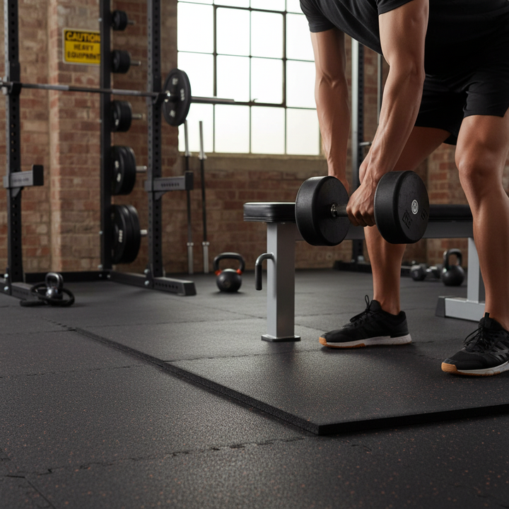 Premium Duo Interlocking Gym Floor Tile - 1m x 1m x 20mm, High-Density Rubber is visible in a gym, highlighting its durability and noise reduction, ideal for soundproofing and acoustic insulation in fitness spaces.