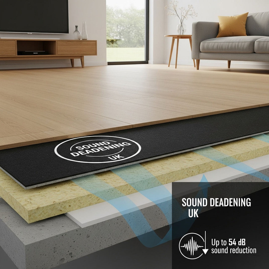 Exploded view of 3mm Acoustic Soundproof Underlay Linear Metre, highlighting layers: hardwood floor, Silentcloud acoustic mat, insulation, rigid board, concrete subfloor, emphasizing noise reduction up to 54Silentcloud.