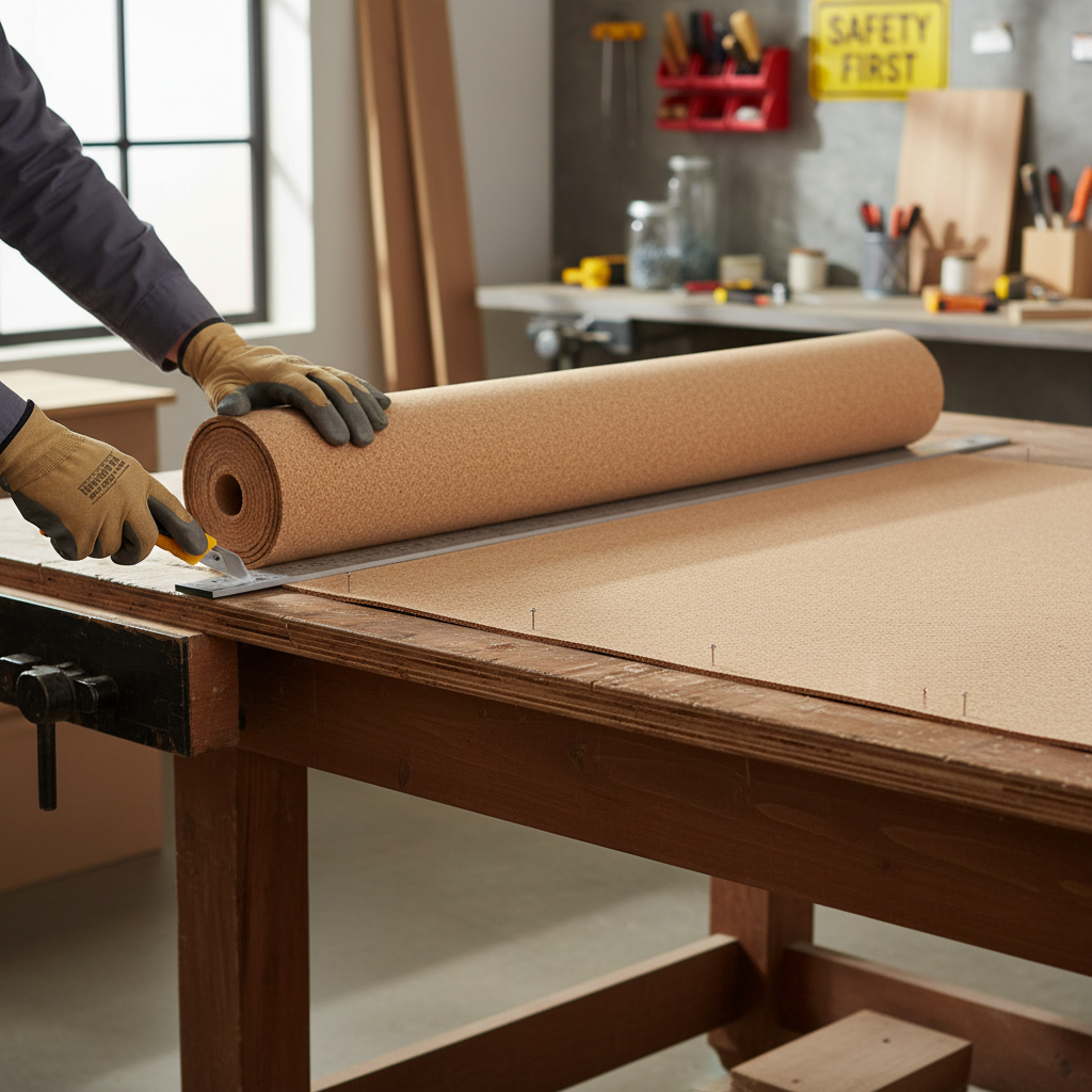 Person in gloves cutting Premium Fine Grain Large Cork Roll - 5m x 1.22m - Various Thicknesses for Interior Walls on workbench, ideal for soundproofing and acoustic insulation in homes or studios.