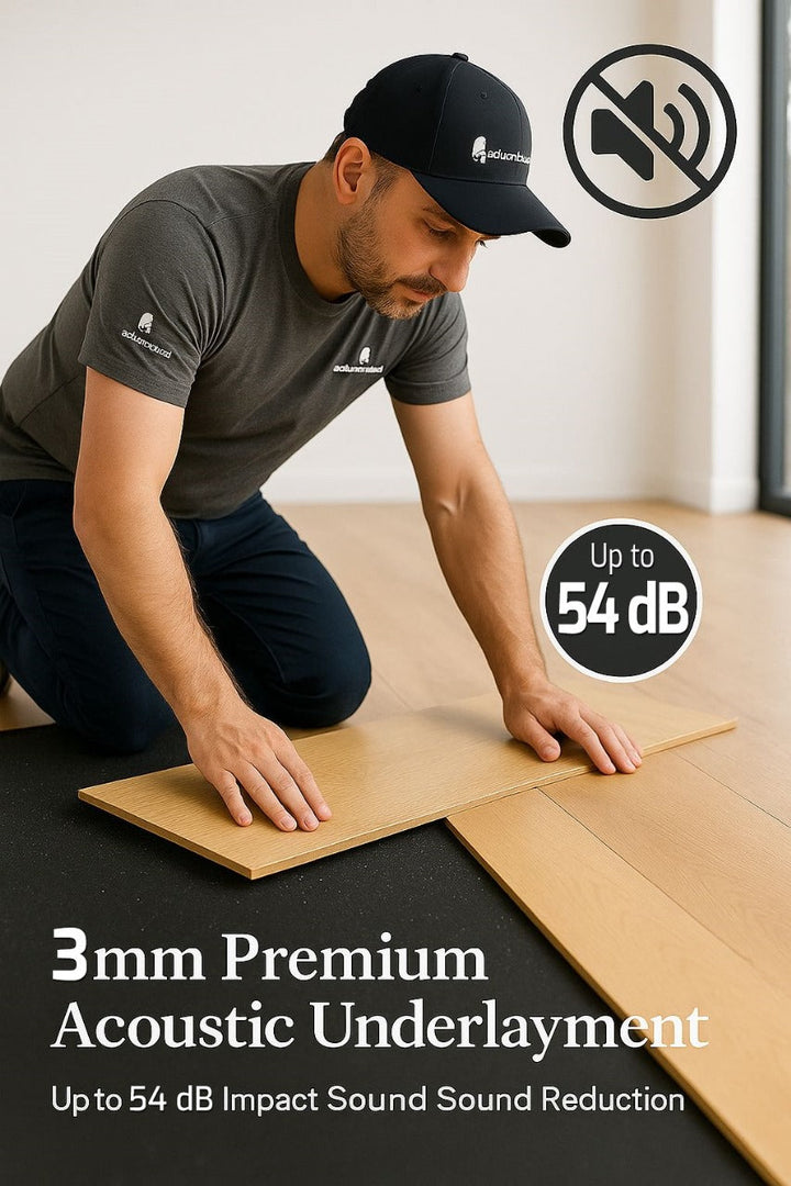 Man installing 3mm Recycled Rubber Acoustic Underlay on floor, advertised for reducing floor noise by up to 54 Silentcloud. Features soundproofing, eco-friendly materials, and effective noise reduction for various flooring types.