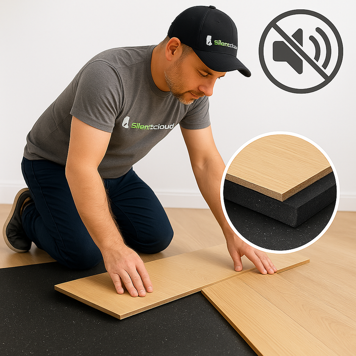 Technician assembling Acoustic Rubber Underlay 10mm, featuring soundproof wood-laminate planks over recycled rubber foam, achieving up to 74dB impact noise reduction, ideal for noise reduction and sound insulation.