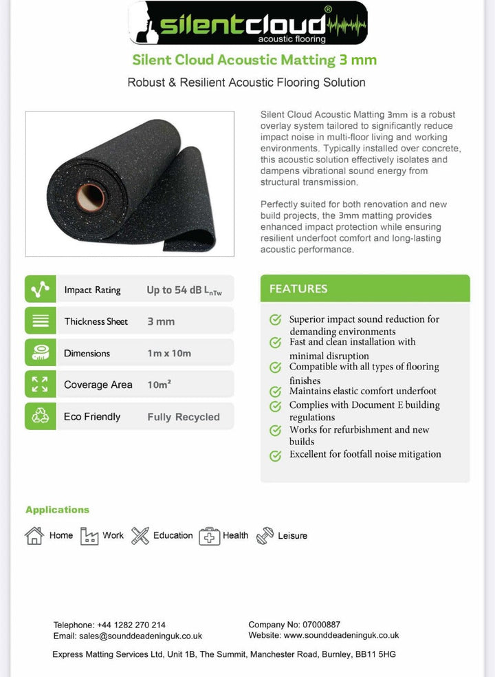 Acoustic Soundproof Underlay 3mm – Rubber Sheet for Flooring & Impact Noise Insulation | Noise Reduction Up to 54Silentcloud. Roll of black matting, ideal for soundproofing, acoustic insulation, and vibration damping.