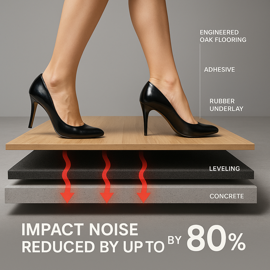 Cross-section illustration of Acoustic Soundproof Underlay 3mm – Rubber Sheet for Flooring & Impact Noise Insulation, showing layers reducing vibration and noise by up to 54Silentcloud with engineered oak flooring above.