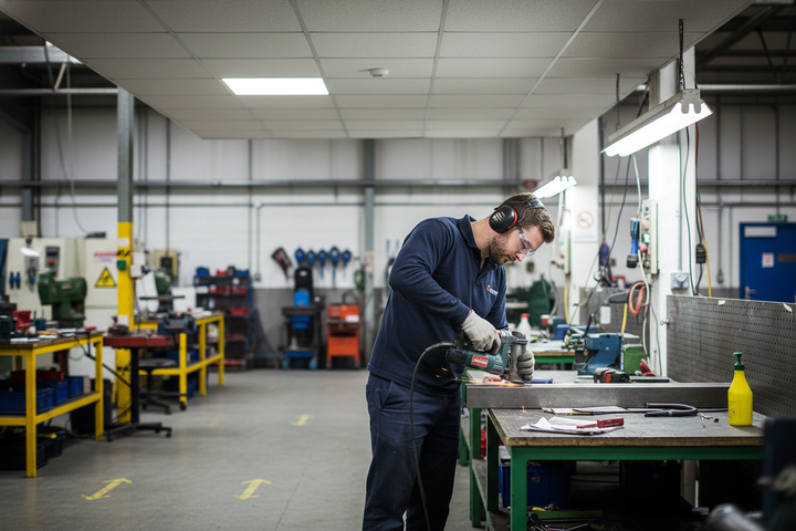Man operating power grinder in a workshop, emphasizing the need for the Premium Acoustic Tile 600mm x 600mm for sound reduction in suspended ceilings, ideal for industrial noise reduction and sound insulation.