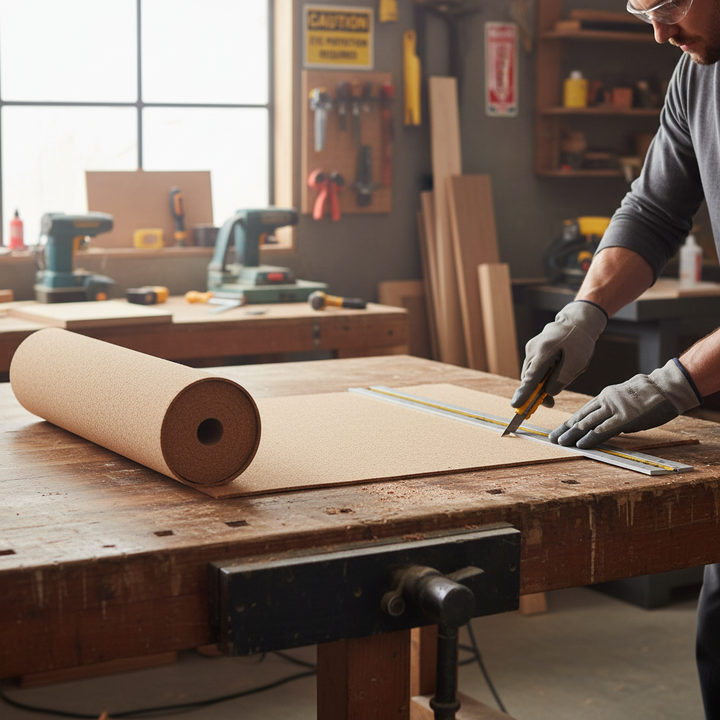 Person cutting Premium Fine Grain Large Cork Roll 6m x 1m - 4mm Thick for Interior Walls with Smooth Finish on a workbench, ideal for soundproofing and acoustic applications in homes or studios.