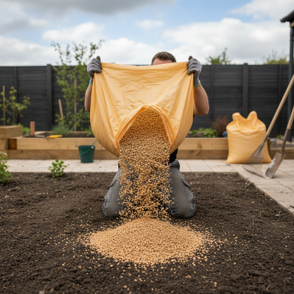 Person spreading Premium 30kg Bulk Bag High-Performance Cork Granules - 3-7mm Granule Size, Density 65-75kg/m³, ideal for construction and insulation, enhancing acoustic and vibration damping properties in gardening setting.