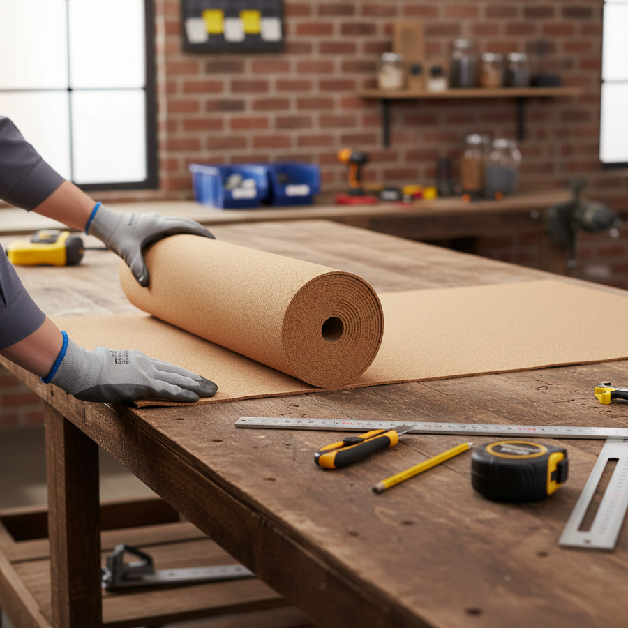 Person unrolls Premium Fine Grain Large Cork Roll 8m x 1m - 6mm Thick for Interior Walls on workbench with tools, ideal for soundproofing, acoustic insulation, noise reduction, and vibration damping.