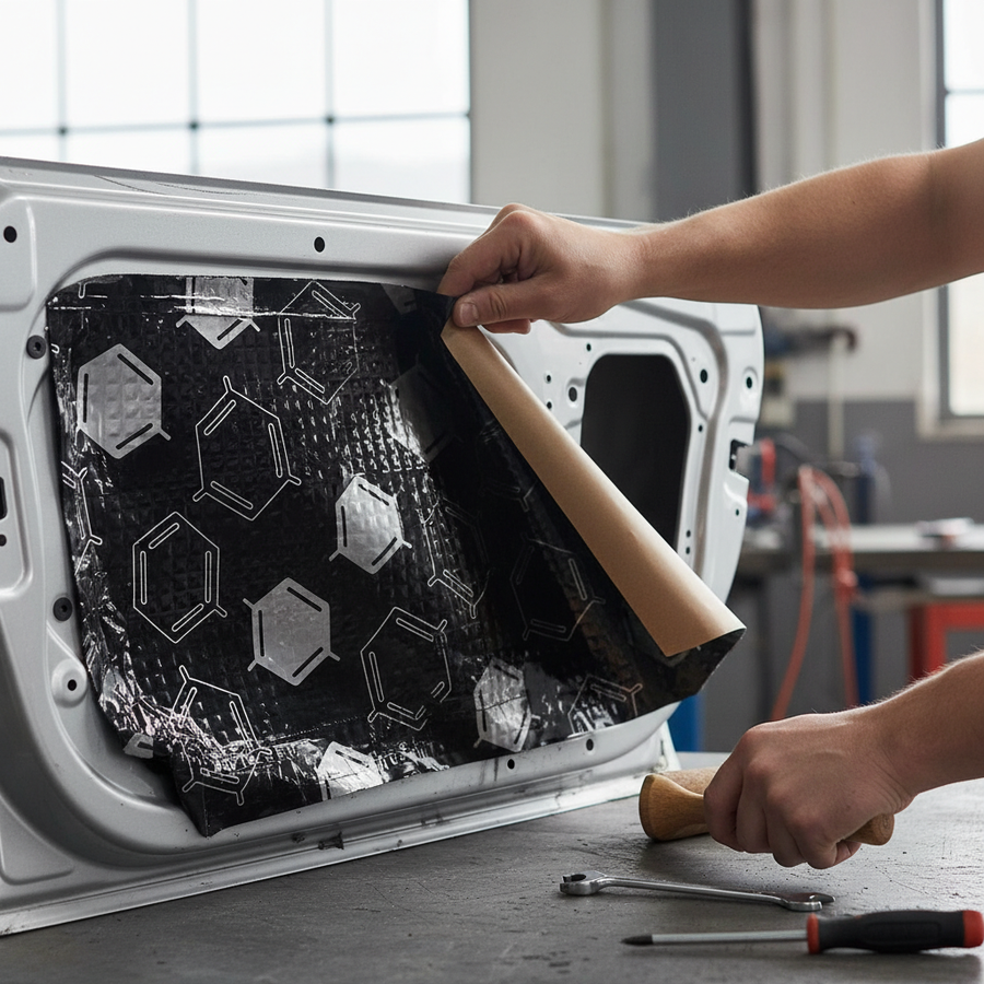 Applying Premium 1.8mm Self-Adhesive Anti-Vibration Material Pack to a car door, showcasing soundproof and acoustic noise reduction properties, using a roller tool for enhanced vibration damping and sound insulation.
