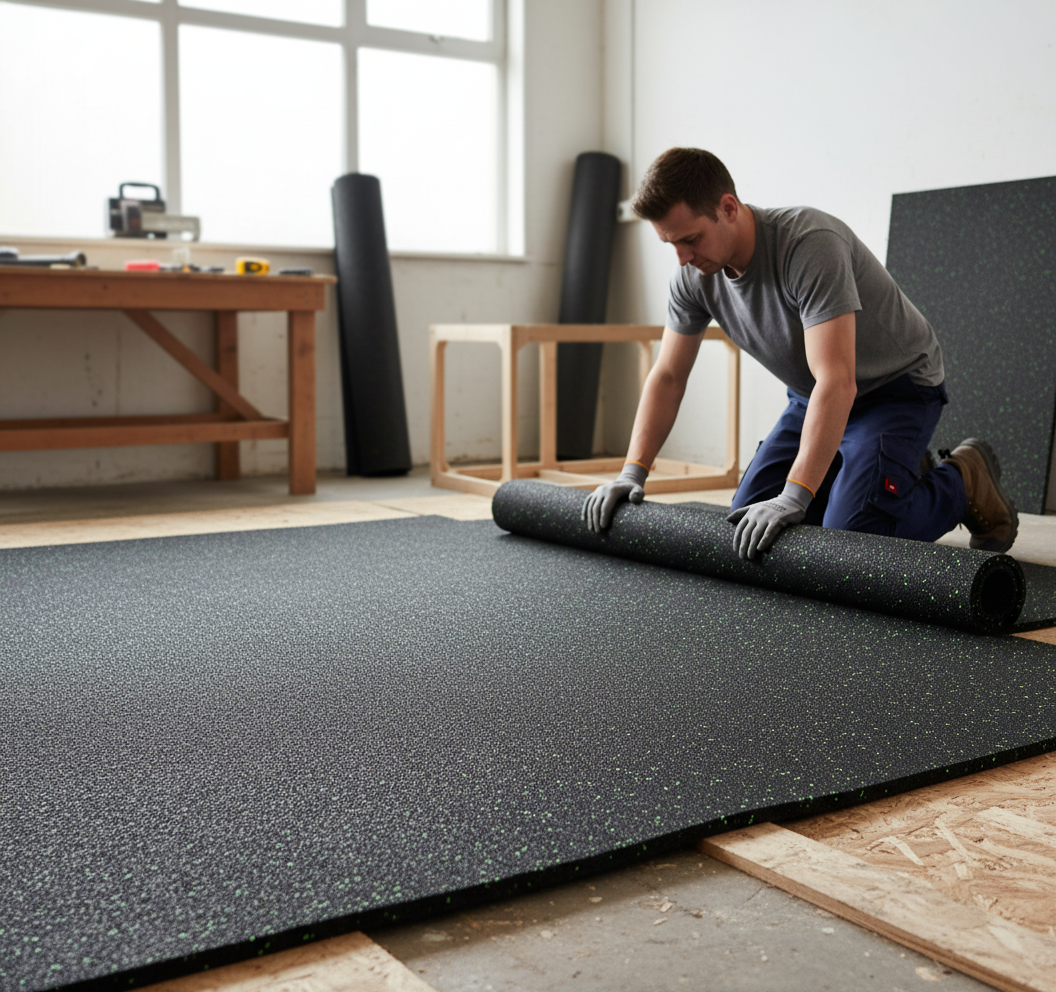 Man kneeling in workshop installing Premium 12mm Silentcloudting for Wood and Laminate Flooring with High Sound Reduction and Stability, a black acoustic mat with green flecks, ideal for soundproof and vibration damping.