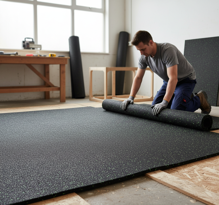 Man kneeling in workshop installing Premium 12mm Silentcloudting for Wood and Laminate Flooring with High Sound Reduction and Stability, a black acoustic mat with green flecks, ideal for soundproof and vibration damping.