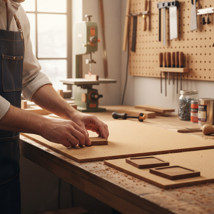 A person in a denim apron crafts with small wooden pieces on a workbench, illustrating the versatility of Premium Fine Grain Non-Adhesive Cork Sheets - 915mm x 610mm - 4mm Thick - 2 Pack for acoustic applications.