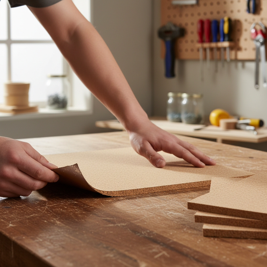 Premium Fine Grain Adhesive Cork Sheets - 610mm x 450mm, 3mm Thick, Pack of 4, showcased at a workbench, highlighting their use for soundproofing, acoustic insulation, and noise reduction in various projects.