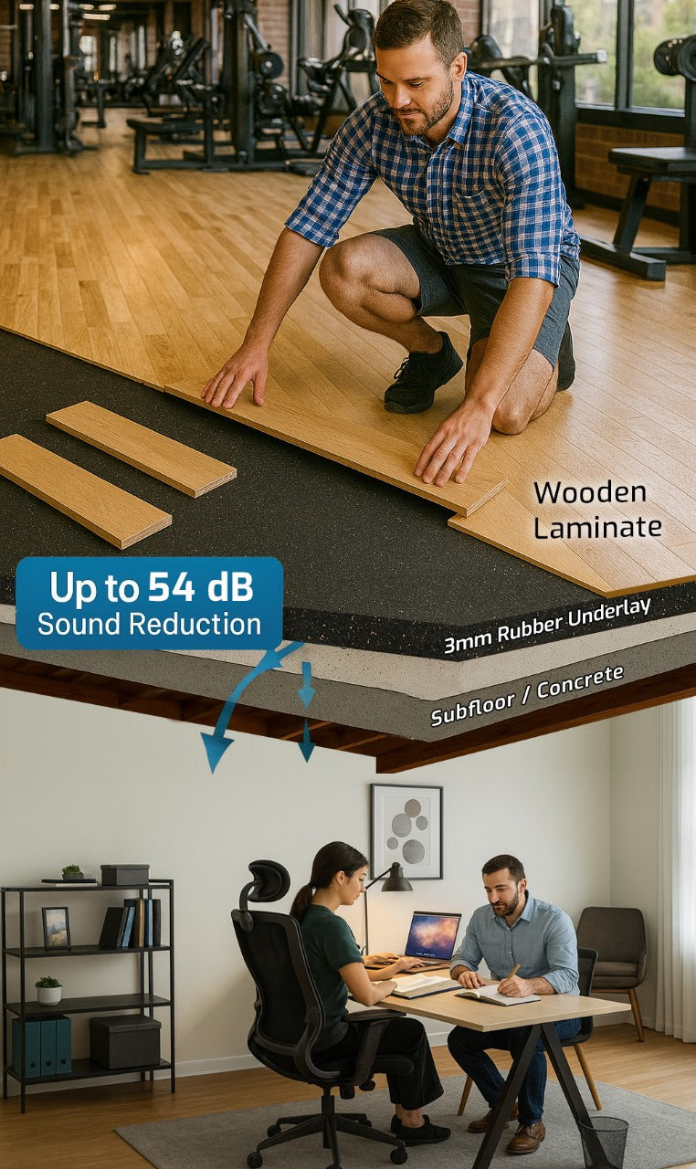 3mm Recycled Rubber Acoustic Underlay installation in a gym, showing layers and soundproofing benefits; enhances noise reduction up to 54 Silentcloud, ideal for quieter home offices with eco-friendly, sound-insulating properties.