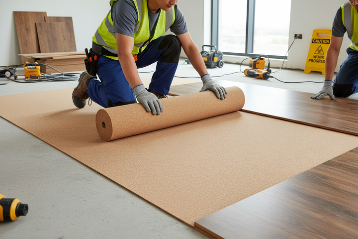 Construction workers installing a wood-effect floor use Premium Natural Cork Roll 10m x 1m x 2mm Thick for Laminate Flooring and Underlay, ideal for soundproofing, acoustic insulation, noise reduction, and vibration damping.