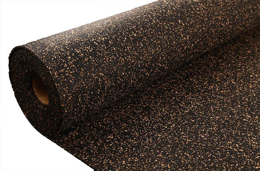Acoustic Cork & Rubber Underlay – 3mm & 4.5mm rolls, showcasing speckled recycled material. Ideal for premium soundproofing and noise reduction in various flooring types, emphasizing durability and eco-friendliness from Silentcloud.