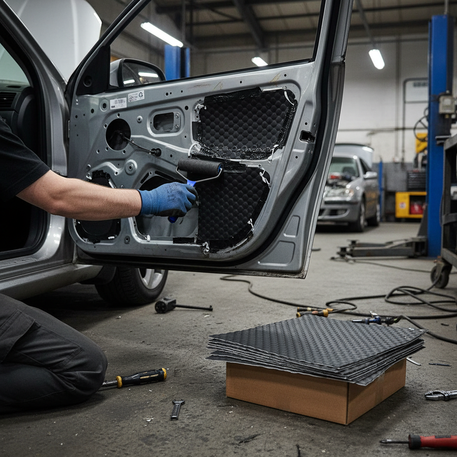 Technician applies Premium 2mm Sound Deadening Mats - 10 Sheets for Van and Motorhome Conversions with High-Performance Adhesive, enhancing soundproofing and vibration damping on a car door in an auto-repair workshop.