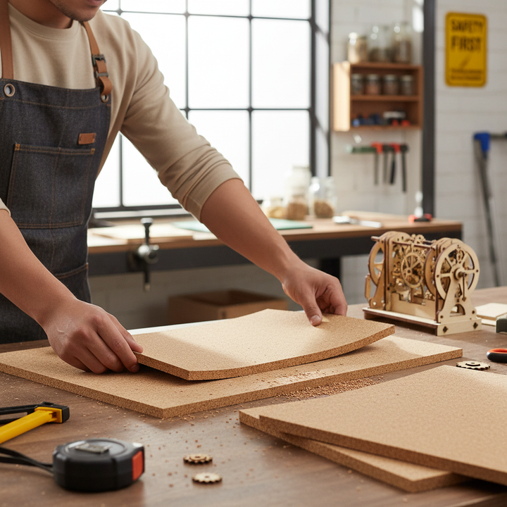 Person in a workshop handles Premium Fine Grain Non-Adhesive Cork Sheets - 610mm x 450mm x 45mm, Pack of 4, perfect for soundproofing and acoustic projects, enhancing noise reduction and sound insulation.