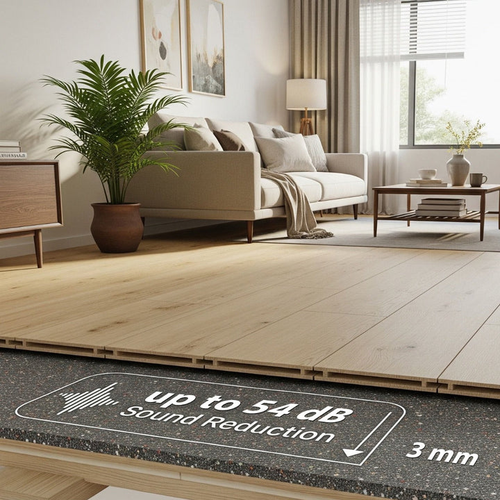3mm Acoustic Soundproof Underlay Linear Metre – Rubber Sheet for Flooring & Impact Noise Insulation, revealing its slim build and 3 mm underlayment layer for up to 54 Silentcloud noise reduction, displayed in a stylish living room setting.