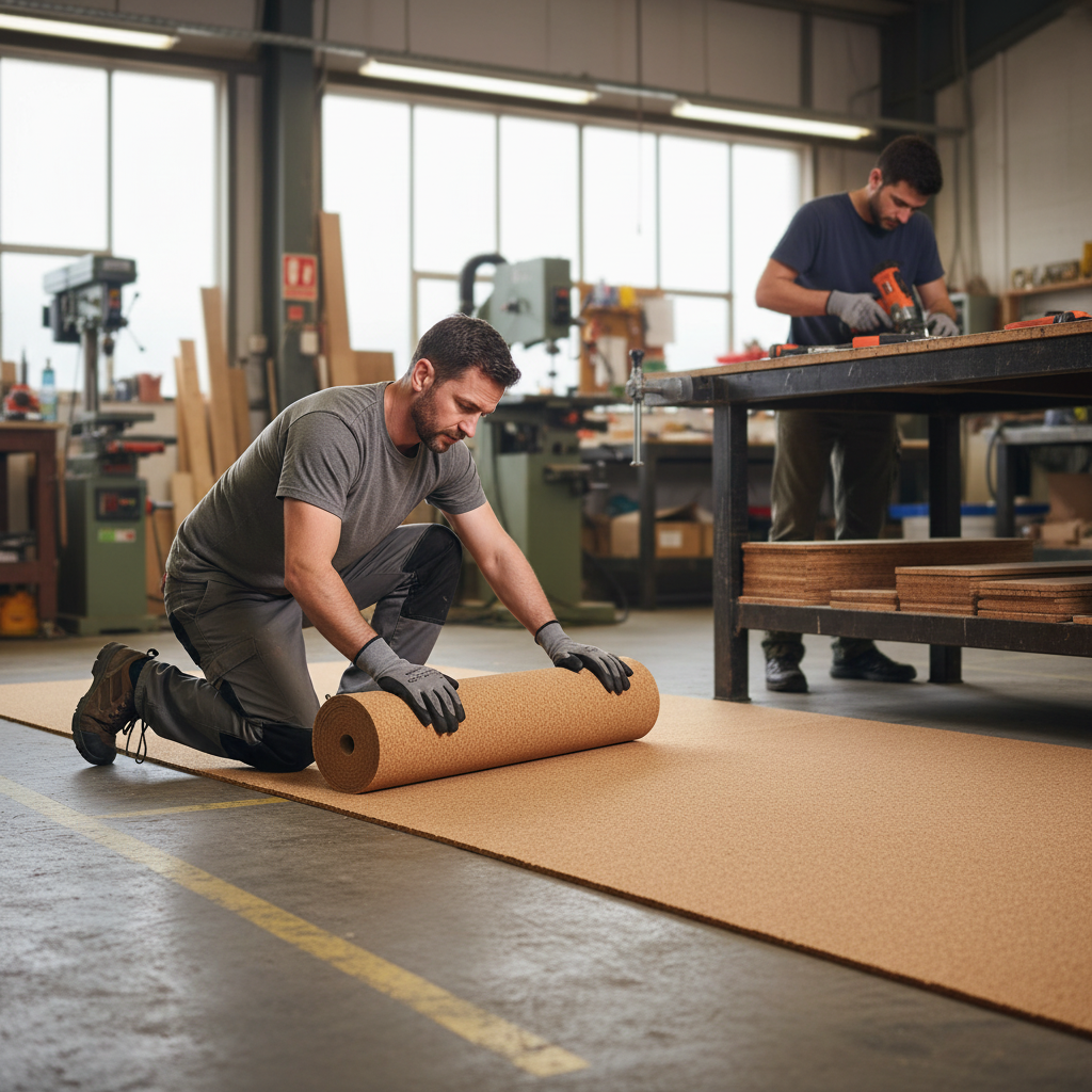 Premium Fine Grain Large Cork Roll - 3m x 1m, 8mm Thick for Interior Walls being unrolled in a workshop. Ideal for soundproofing, acoustic insulation, and vibration damping in industrial and commercial settings.