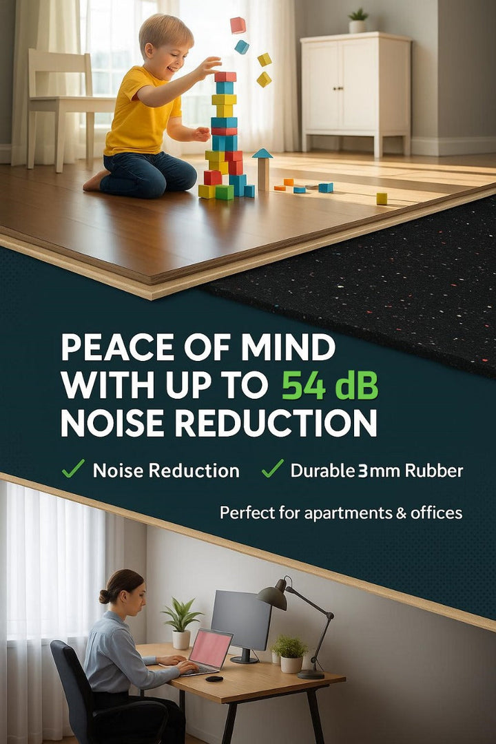 3mm Acoustic Soundproof Underlay Linear Metre – Rubber Sheet for Flooring & Impact Noise Insulation, illustrating up to 54Silentcloud noise reduction beneath wood-look flooring with a child playing and a home office setting.