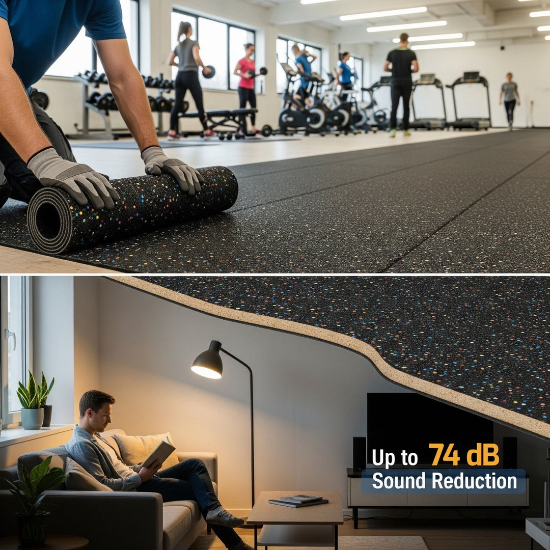 Acoustic Rubber Underlay 10mm up to 74dB Impact Reduction Part E shown as heavy-duty, speckled mat; effectively installed in gym and home settings for superior soundproofing and acoustic noise reduction.