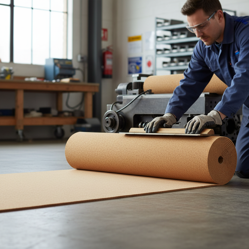 Worker unrolls and trims Premium Fine Grain Large Cork Roll - 6m x 1m, 3mm Thick for Interior Walls, a soundproofing material ideal for acoustic insulation, in workshop setting with industrial equipment.