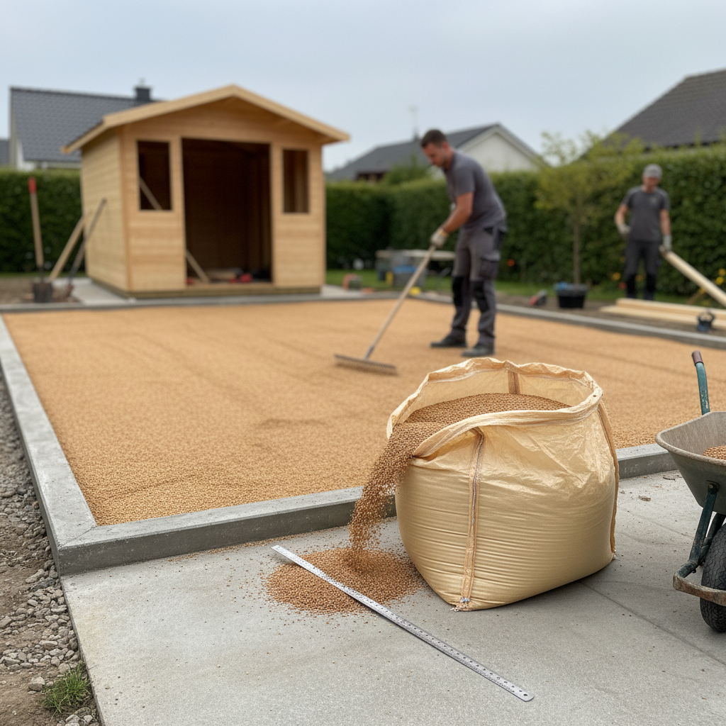 Premium 30kg Bulk Bag of High-Quality Cork Granules - 2-3mm Size with 55-65kg/m³ Density for Construction and Sports Applications, ideal for acoustic insulation and soundproofing, shown being spread on a foundation.