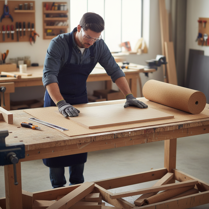 Craftsman smoothing Premium Large Cork Roll - 10 Metres x 1 Metre, 3mm Thick for Interior Applications on workbench; ideal for soundproofing, acoustic insulation, noise reduction, and sound insulation projects.