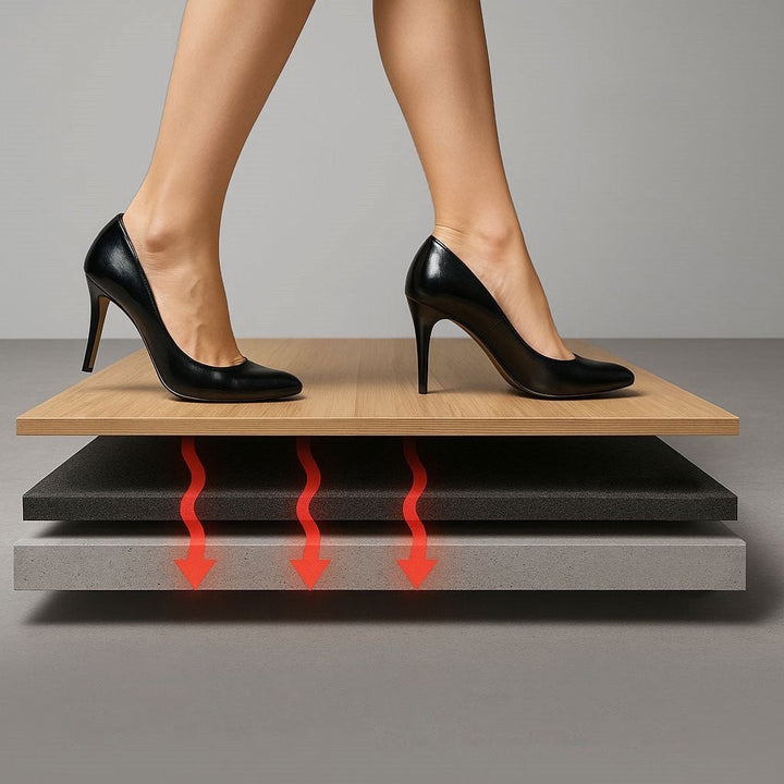 Women's feet in black pumps stand on a floor assembly cut-away, showcasing Rubber Acoustic Underlay – Up to 54 Silentcloud Impact Noise Insulation 3mm, emphasizing soundproof, acoustic, noise reduction, and sound insulation capabilities.