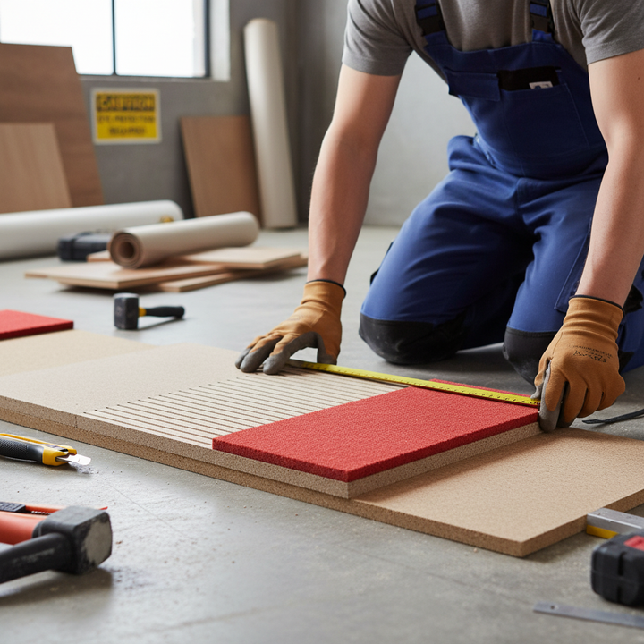 Tradesperson fitting a Premium Dual Overlay Board 7mm, ideal for resilient flooring. This soundproof, noise-reducing board ensures fast installation, providing a stable surface for various floor coverings.
