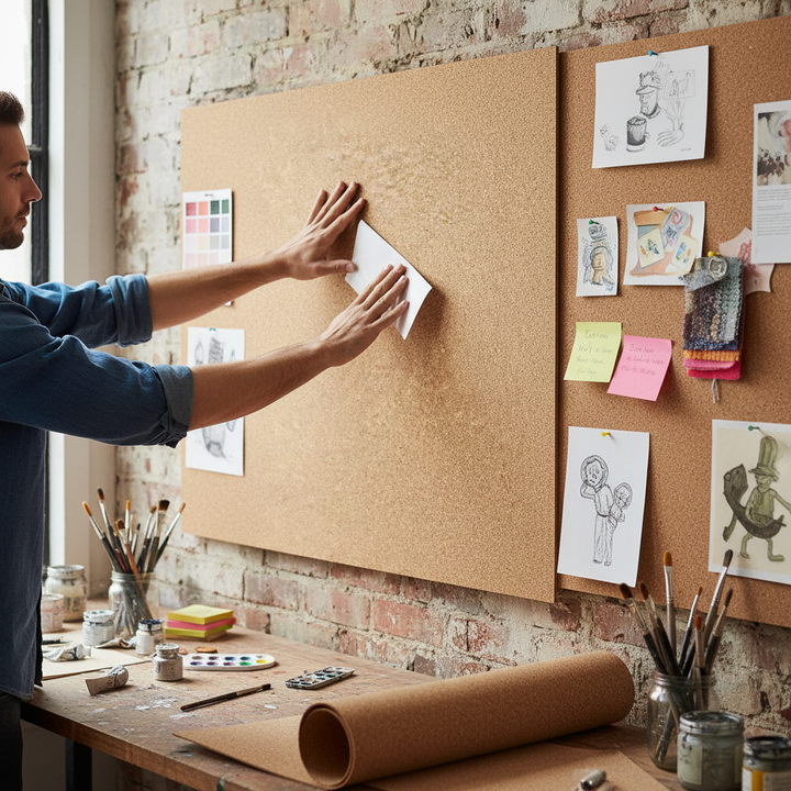 Artist pins paper on cork-covered wall with sketches and swatches beside. Premium High Density Adhesive Cork Sheets - 915mm x 610mm - 2mm Thick - Pack of 10, ideal for soundproofing and acoustic insulation.