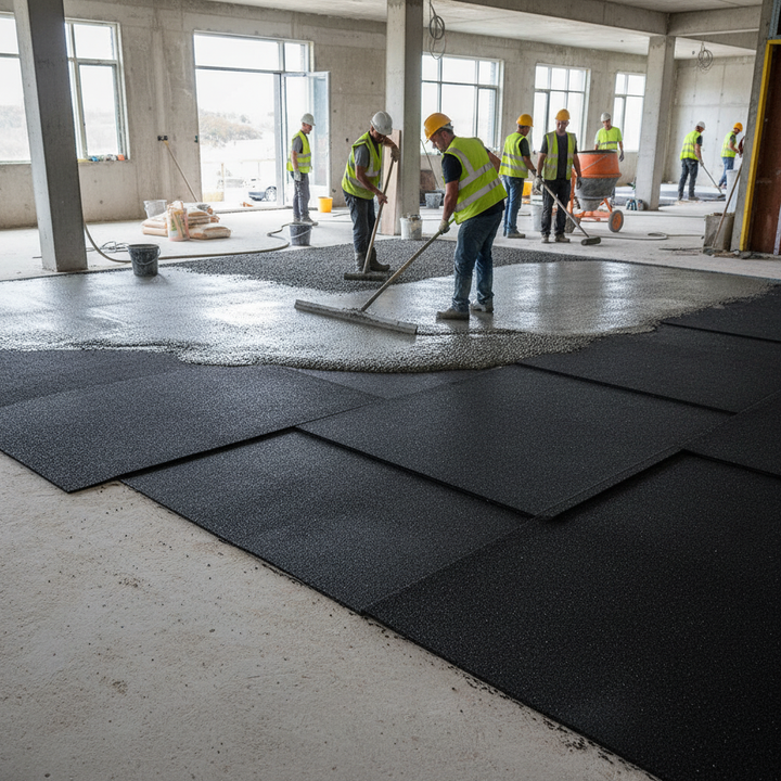 Construction workers install the Premium 5MM Acoustic Underscreed 10M2 Roll in an unfinished building, smoothing the soundproof material over underlayment panels for effective noise reduction and acoustic insulation in flooring applications.