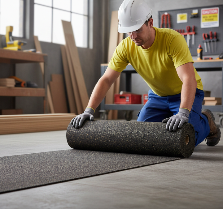 Worker unrolling Premium 3mm Sound Insulation Matting for Impact Noise Reduction, 1m x 15m Dimensions, Eco-Friendly Material, designed for soundproofing and acoustic enhancement in residential and commercial concrete flooring.