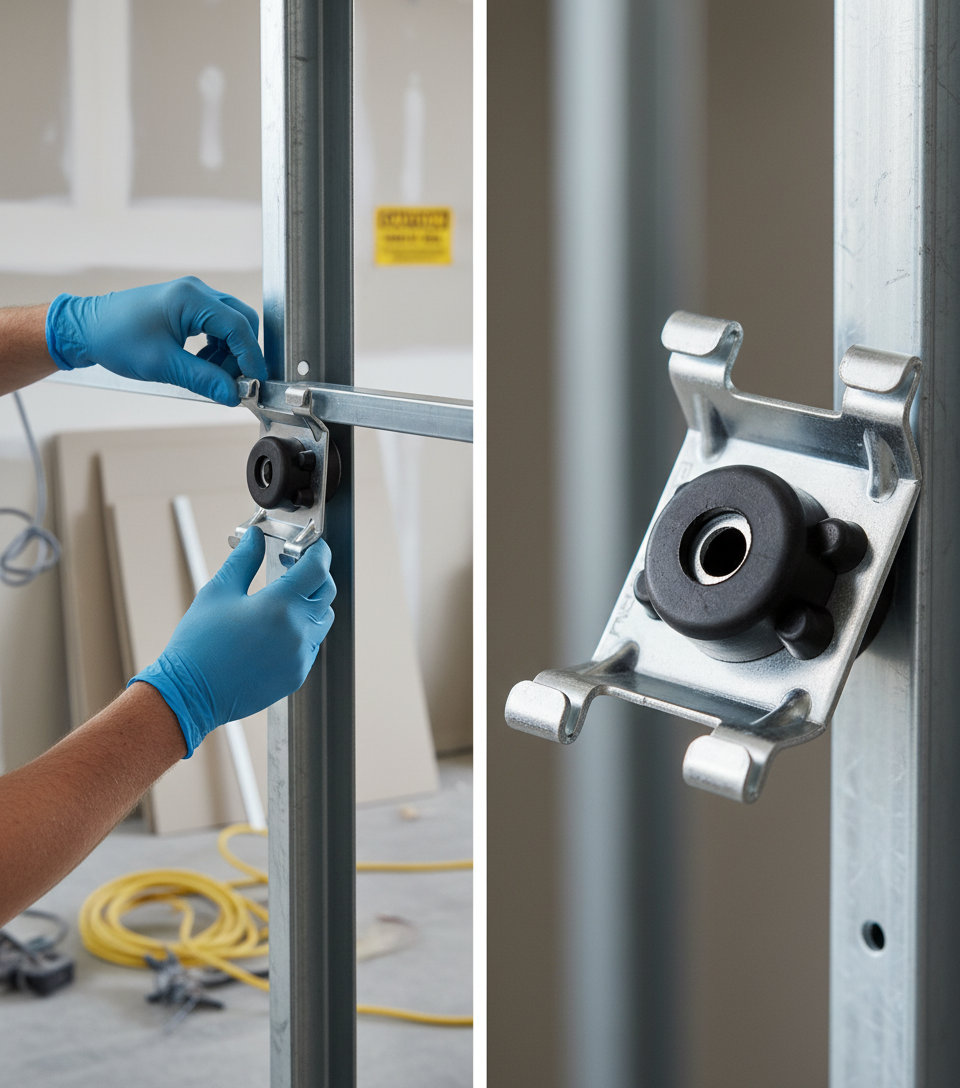 Premium Heavy Duty Acoustic Performance Mount being attached to a steel stud, showcasing its soundproofing capabilities with a black rubber isolator for superior noise reduction in wall and floor-ceiling assemblies.