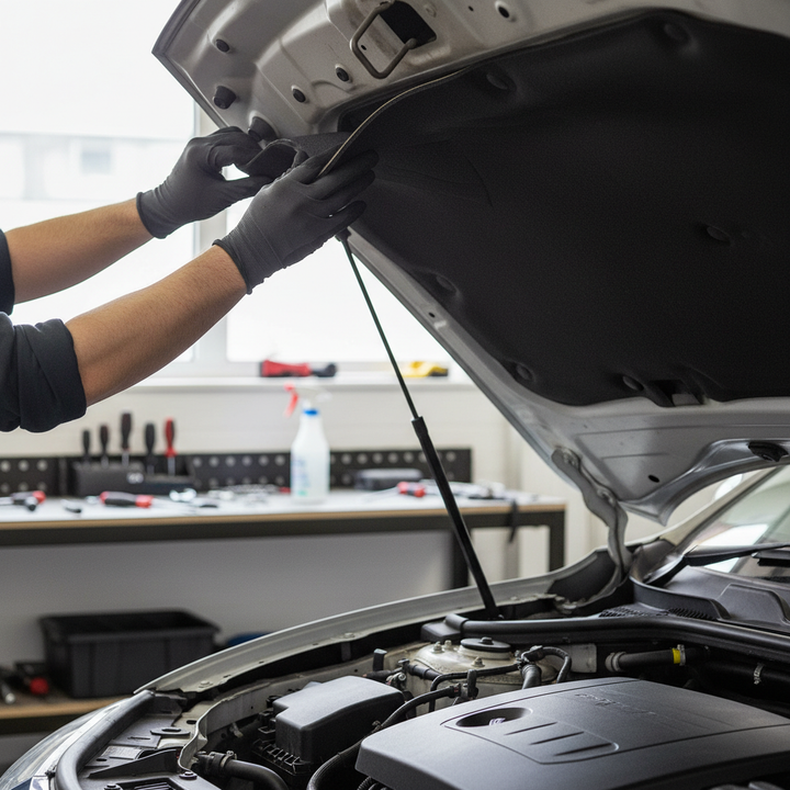 A person installs a Premium 12mm Acoustic Foam Liner for Engine Noise Reduction with Self-Adhesive Backing and Flexible Nonwoven Finish under a car bonnet, showcasing its soundproofing and acoustic insulation capabilities.